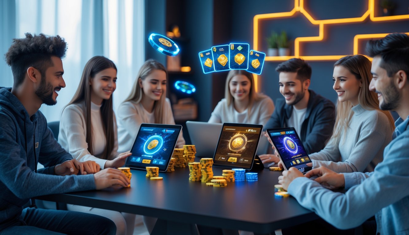 Sekelompok orang muda bermain game kartu online dengan perangkat digital di meja dalam ruangan modern yang terang.