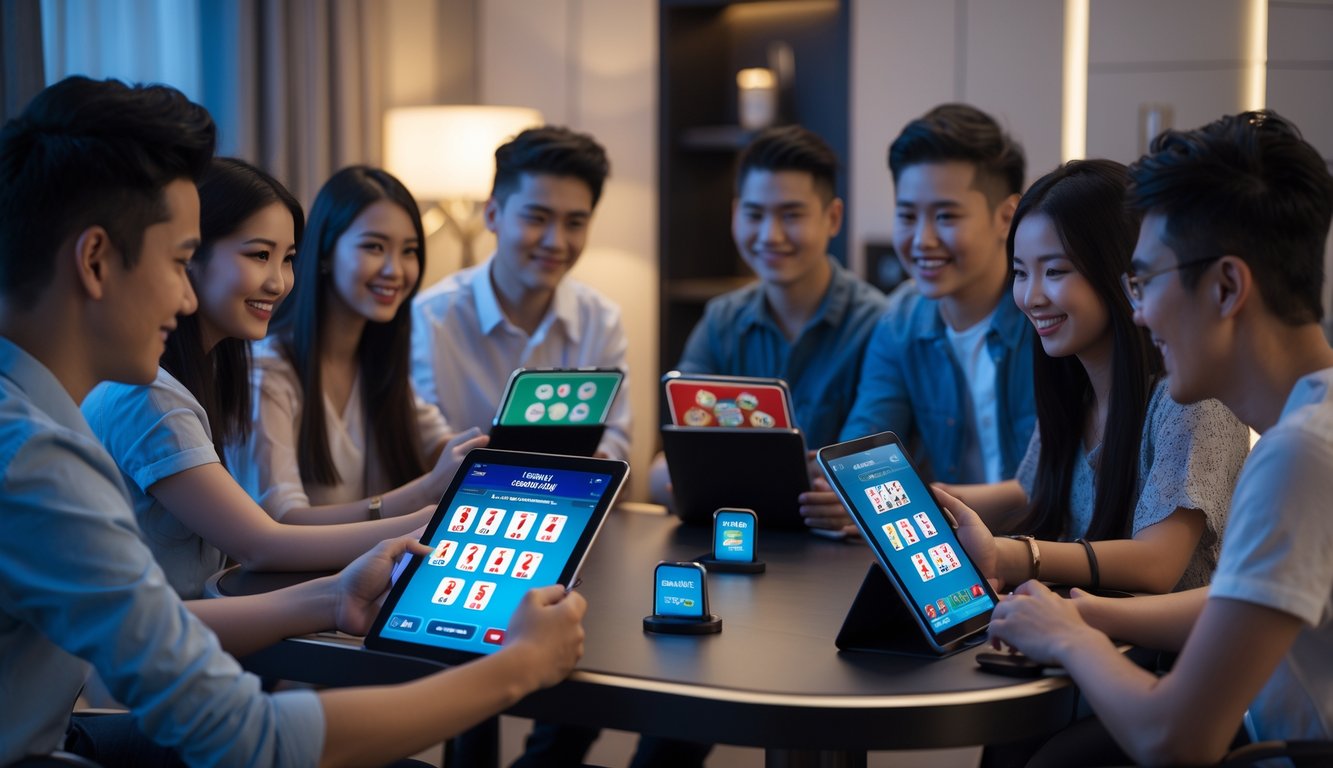 Sekelompok orang muda sedang bermain permainan kartu online di ruang tamu modern dengan perangkat digital.