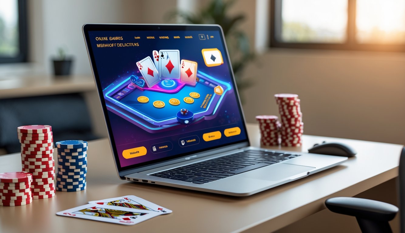 Seorang pengguna duduk di depan komputer dengan layar menampilkan permainan kartu online dan tumpukan chip poker di meja.