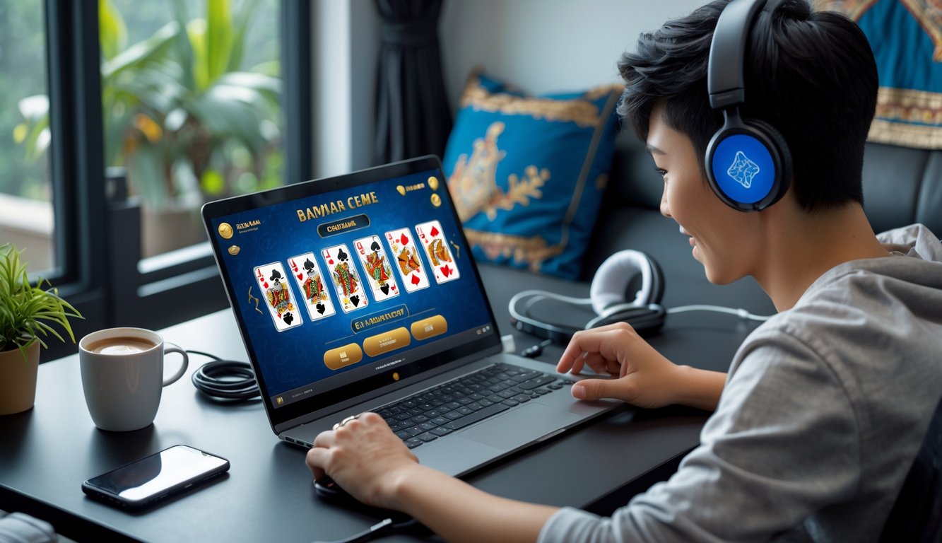 Seorang pemain muda sedang bermain permainan kartu Bandar Ceme secara online di laptop di meja kerja yang rapi dengan latar belakang dekorasi batik.