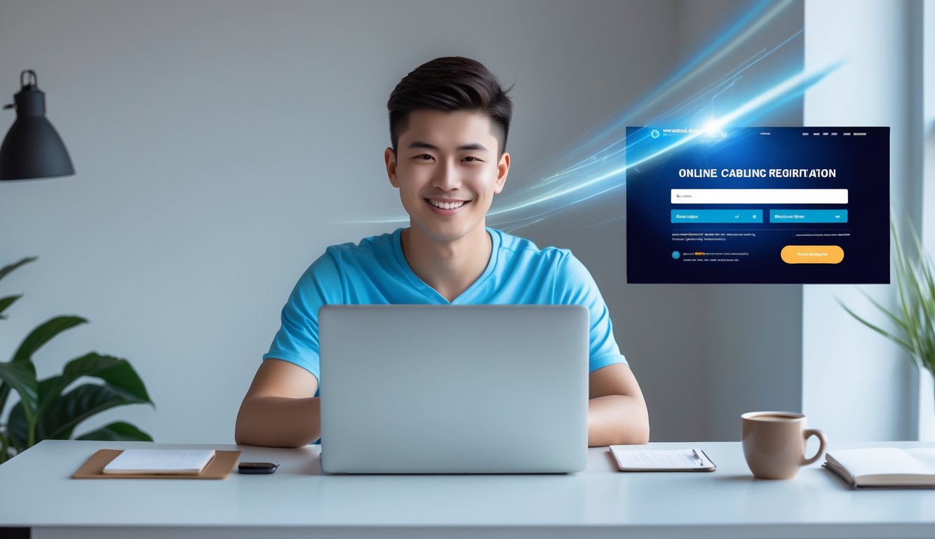Seorang pria muda duduk di meja dengan laptop terbuka, tersenyum saat mendaftar akun Bandar Ceme online dengan proses cepat dan mudah.