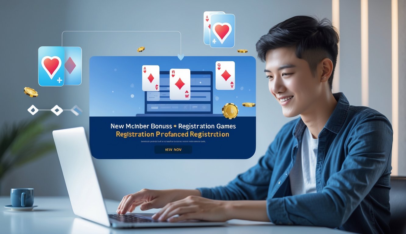 Seseorang duduk di depan laptop di meja kerja, terlihat fokus menggunakan situs permainan kartu online dengan ikon kartu dan chip digital di latar belakang.