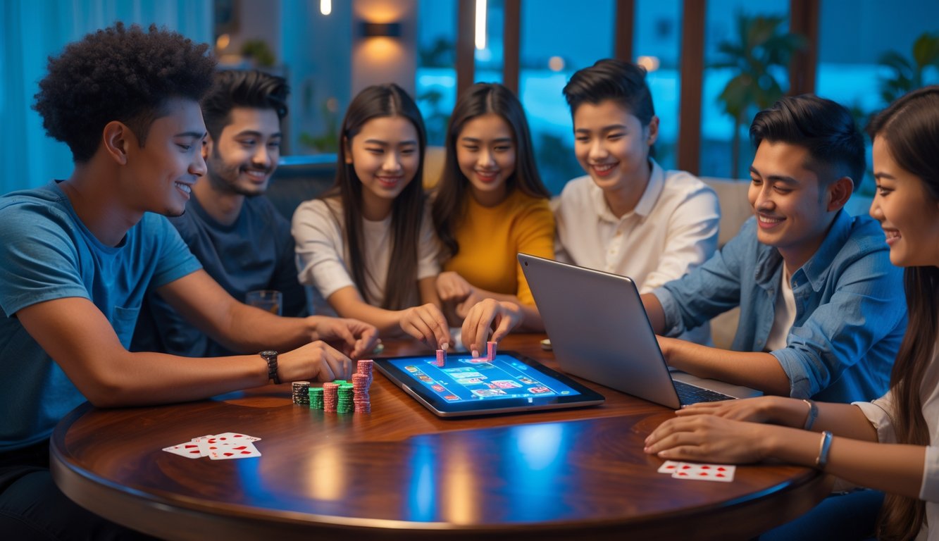 Sekelompok orang muda bermain permainan kartu online di ruang tamu yang nyaman dengan perangkat digital di atas meja kayu.