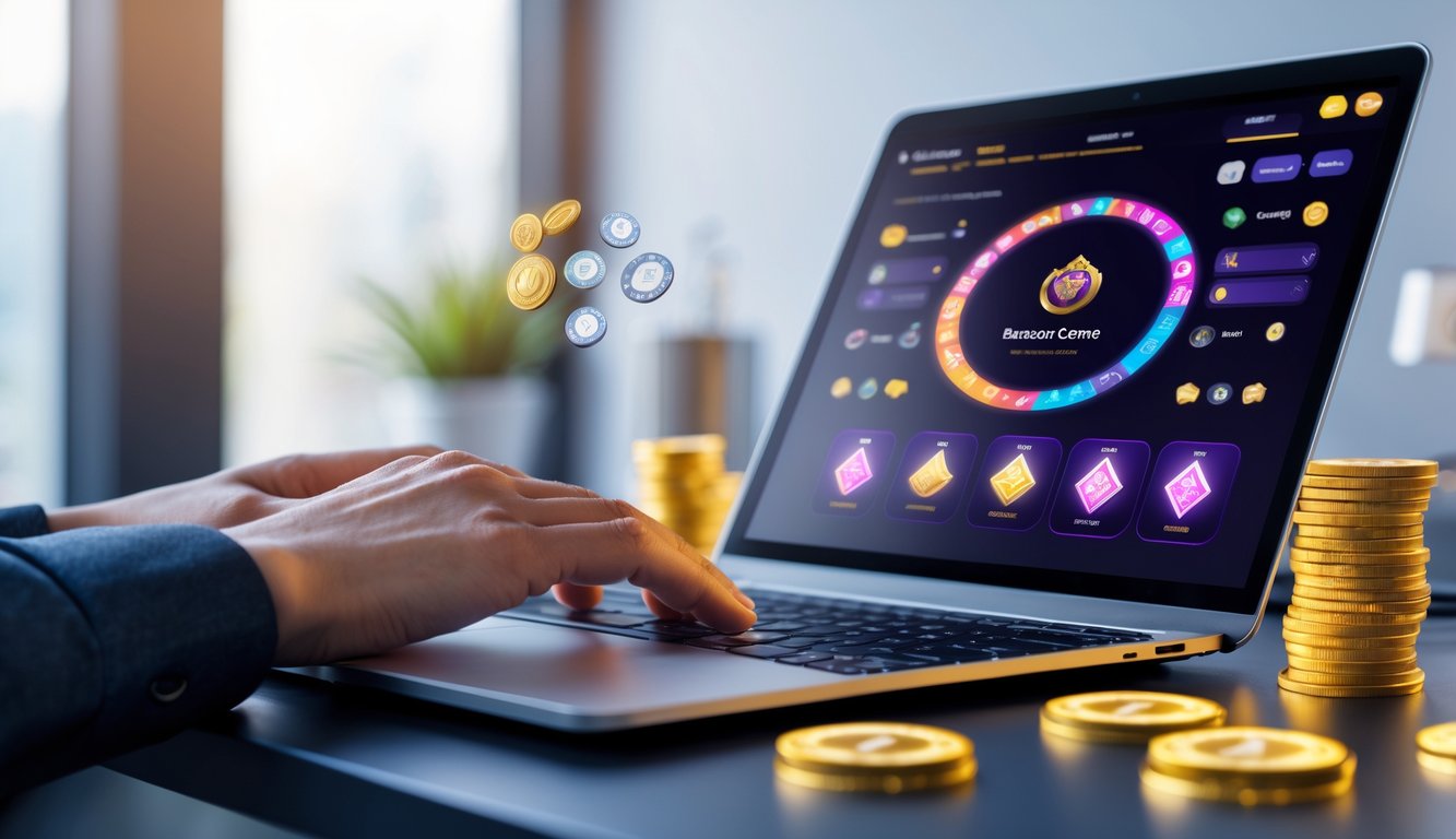 Seseorang menggunakan laptop yang menampilkan permainan kartu online dengan elemen bonus dan simbol hadiah di sekitar perangkat.