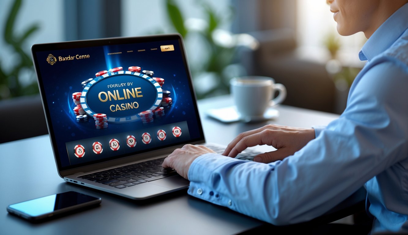 Seorang pria menggunakan laptop di meja kerja dengan suasana yang nyaman dan aman, menampilkan lingkungan perjudian online yang profesional.