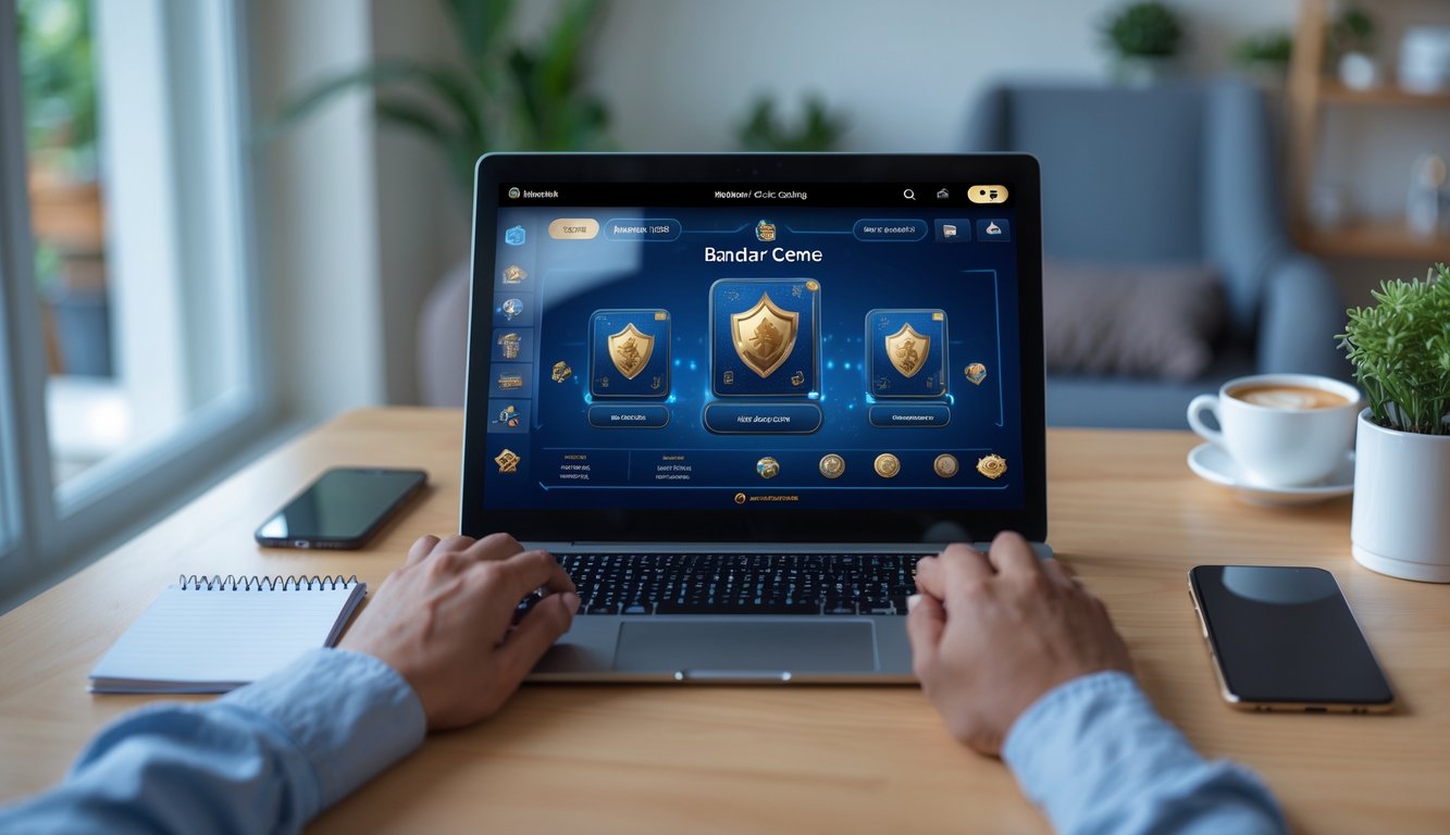 Seseorang menggunakan laptop di ruang tamu yang nyaman untuk bermain permainan kartu Bandar Ceme secara online.
