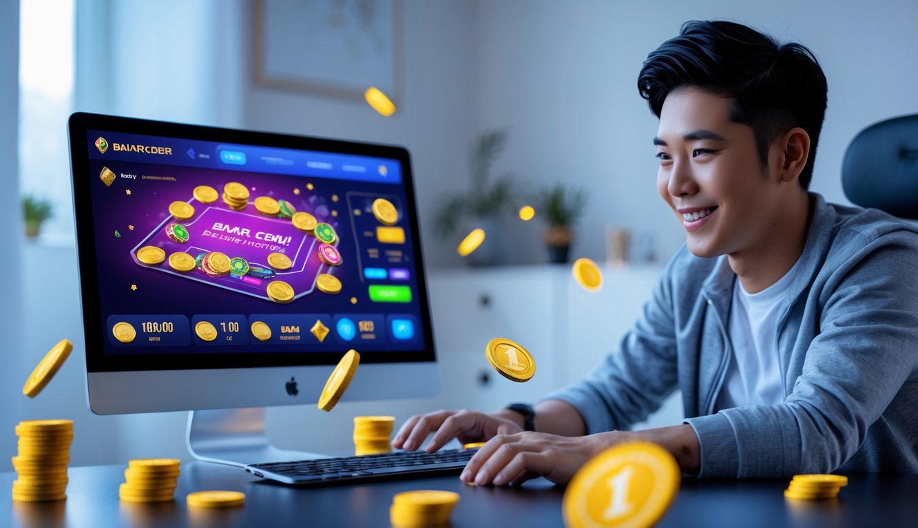 Seorang pemain muda yang tersenyum sedang menggunakan komputer untuk bermain permainan kartu online di ruang bermain yang rapi dan terang.