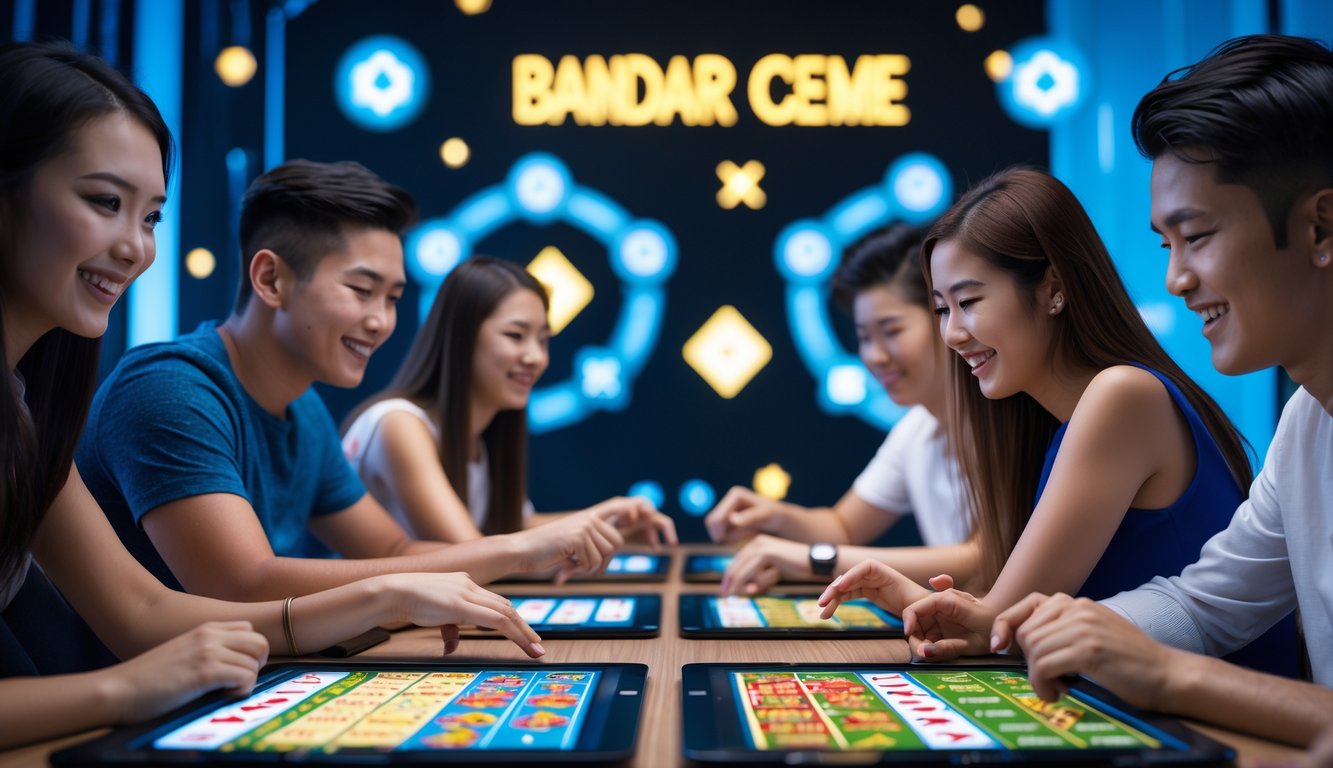 Sekelompok orang muda sedang bermain Bandar Ceme secara online menggunakan perangkat digital di lingkungan yang modern dan terang.