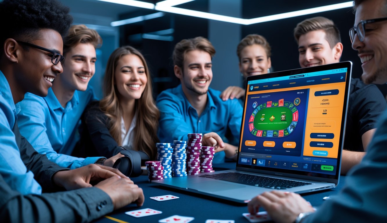 Beberapa orang muda sedang bermain game kartu online di depan laptop di ruang kerja modern.