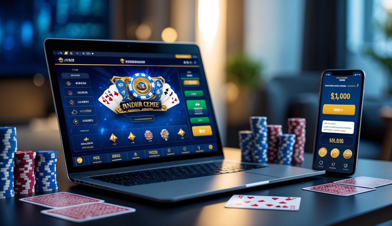 Meja kerja modern dengan laptop yang menampilkan permainan kartu online, dikelilingi chip poker dan kartu remi.