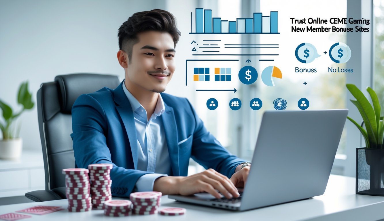 Seorang pria muda duduk di meja modern menggunakan laptop dengan suasana kantor yang terang dan rapi, dikelilingi oleh simbol permainan kartu dan transaksi online yang aman.