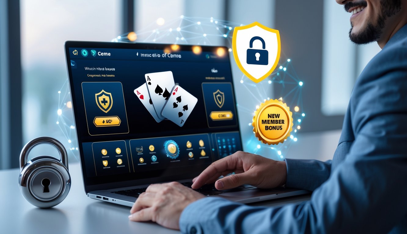 Seorang pria sedang menggunakan laptop dengan tampilan permainan kartu online di meja kerja yang rapi dan terang.