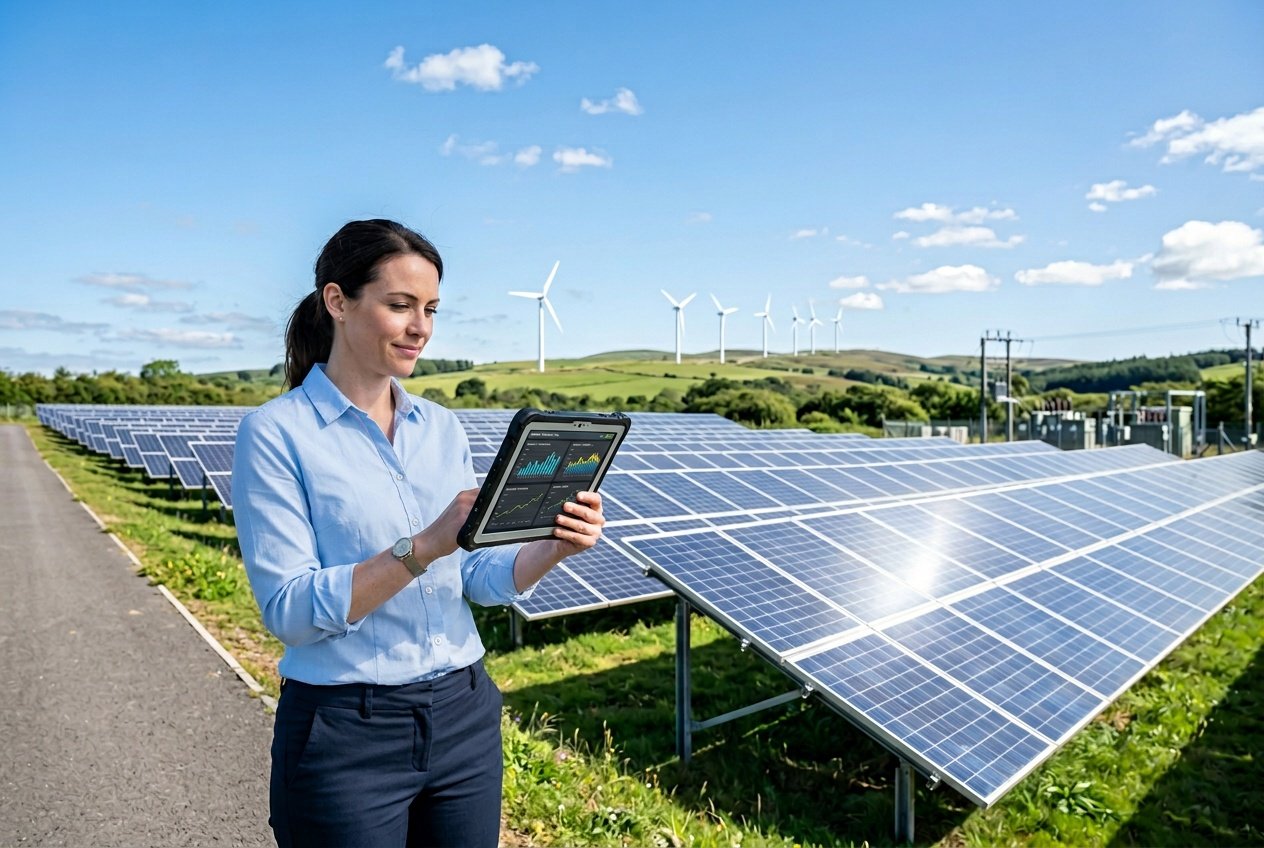 Person, die vor einer Solaranlage steht und auf ein Tablet mit Diagrammen schaut, im Hintergrund Windräder auf einer grünen Landschaft.