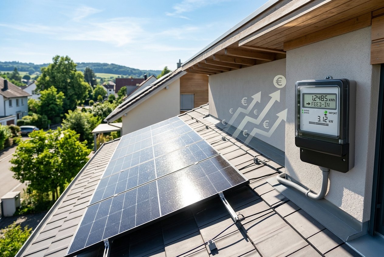 Solaranlage auf einem Dach bei klarem Himmel mit einem Stromzähler und Symbolen für finanzielle Vergütung.