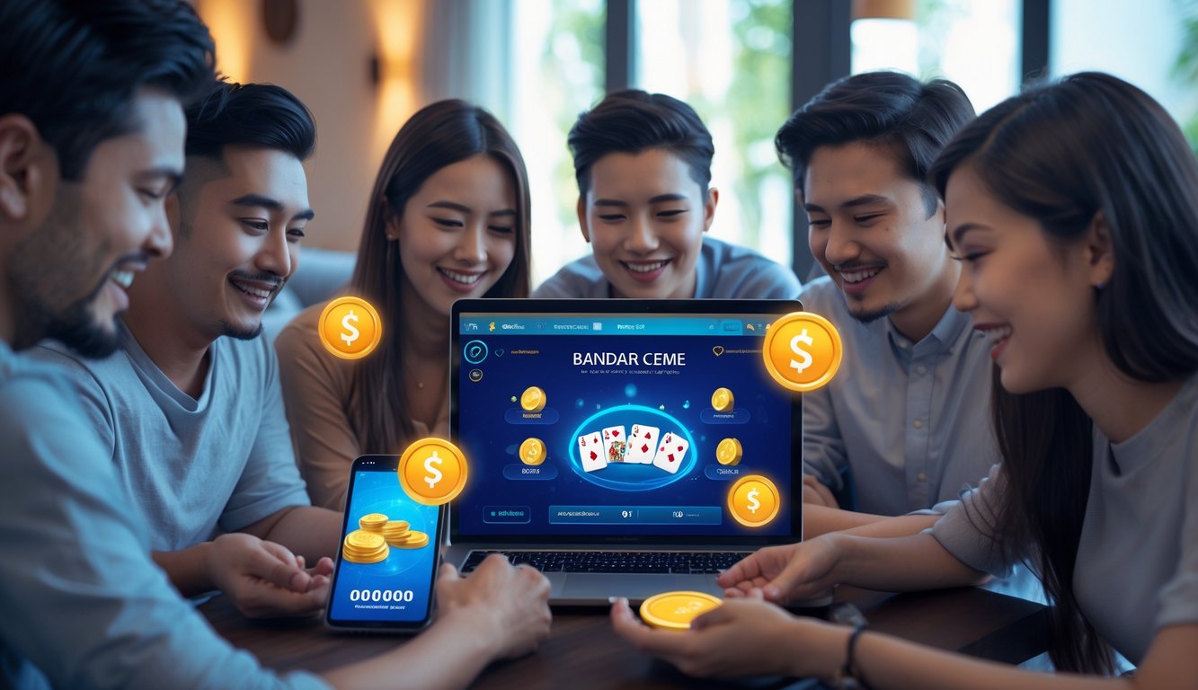 Sekelompok orang muda yang sedang bermain permainan kartu online dengan perangkat elektronik di ruang tamu yang nyaman.