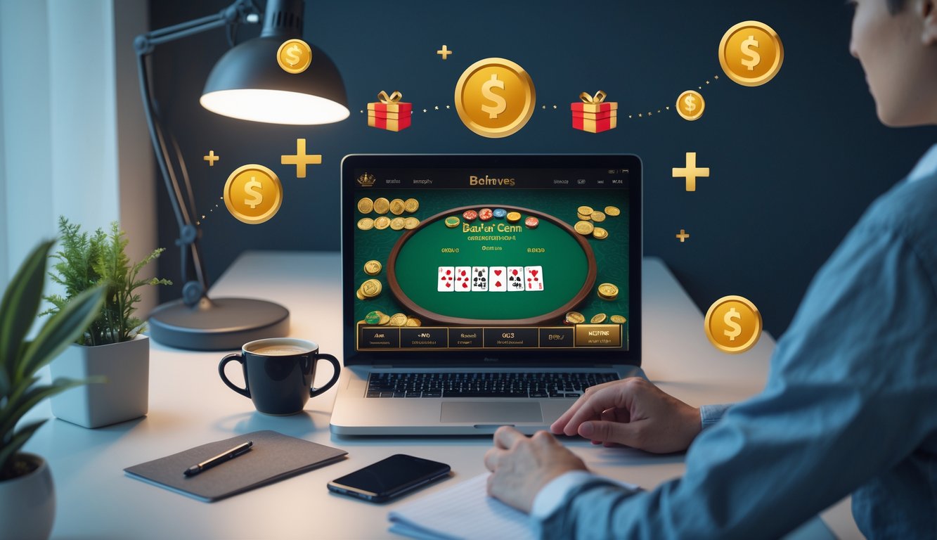 Seseorang menggunakan laptop di meja kerja dengan tampilan permainan kartu online dan ikon koin serta hadiah di sekitar.