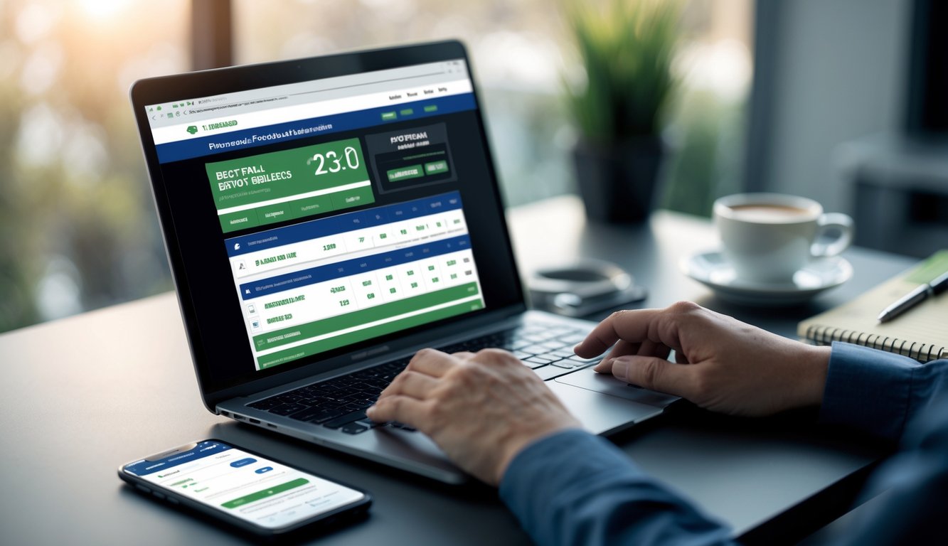 Seorang pengguna duduk di depan laptop yang menampilkan antarmuka taruhan sepak bola online dengan odds pertandingan, di meja terdapat ponsel, kopi, dan buku catatan.