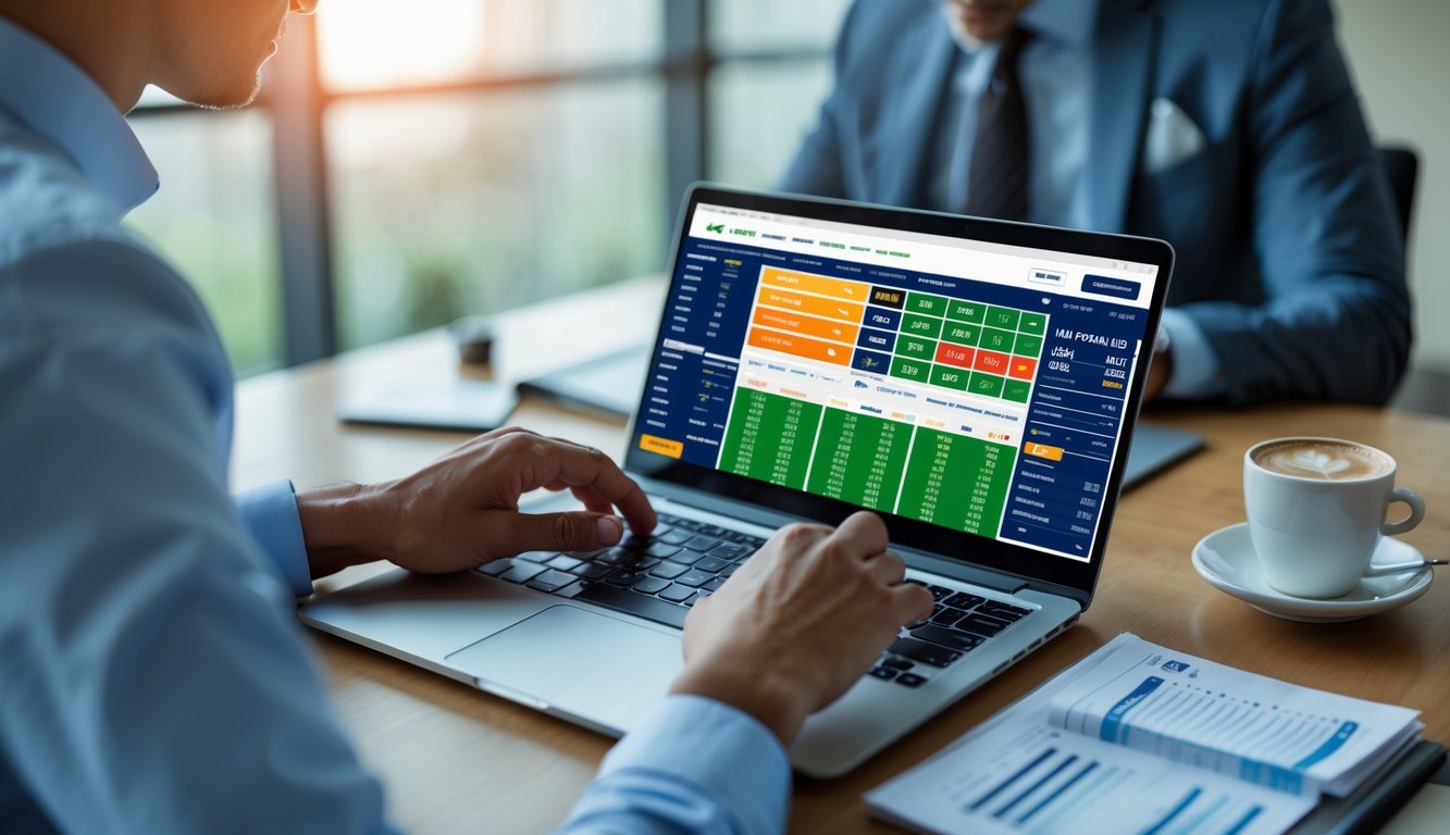 Seseorang sedang menggunakan laptop di meja kerja dengan tampilan situs taruhan bola online dan statistik odds terlihat di layar.