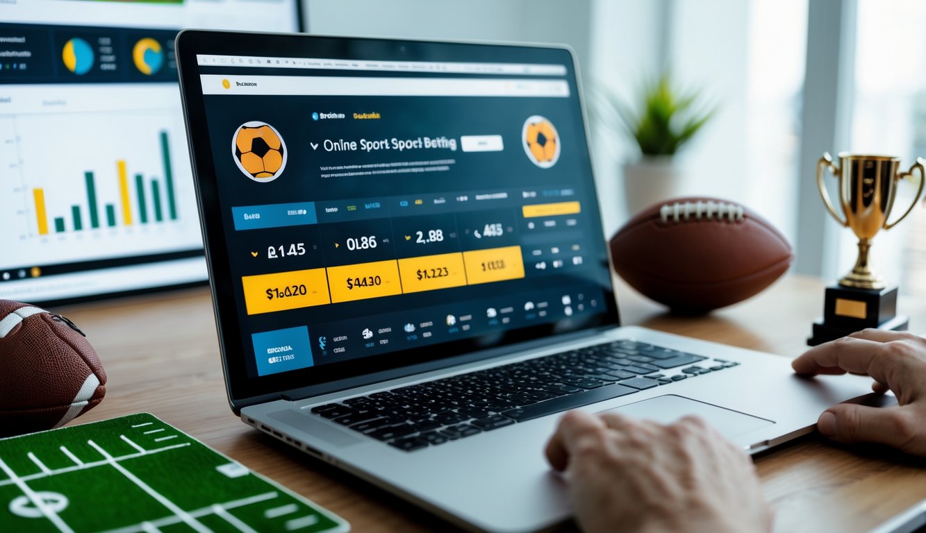 Sebuah meja kerja modern dengan laptop yang menampilkan situs taruhan bola online, bola sepak, sepatu olahraga, dan trofi kecil di sekitarnya.