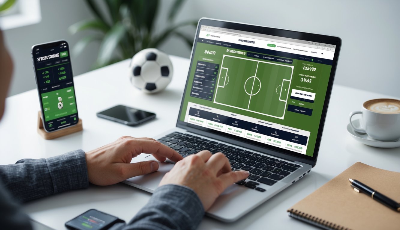 Seseorang menggunakan laptop untuk memasang taruhan bola online dengan perangkat pendukung di meja kerja.