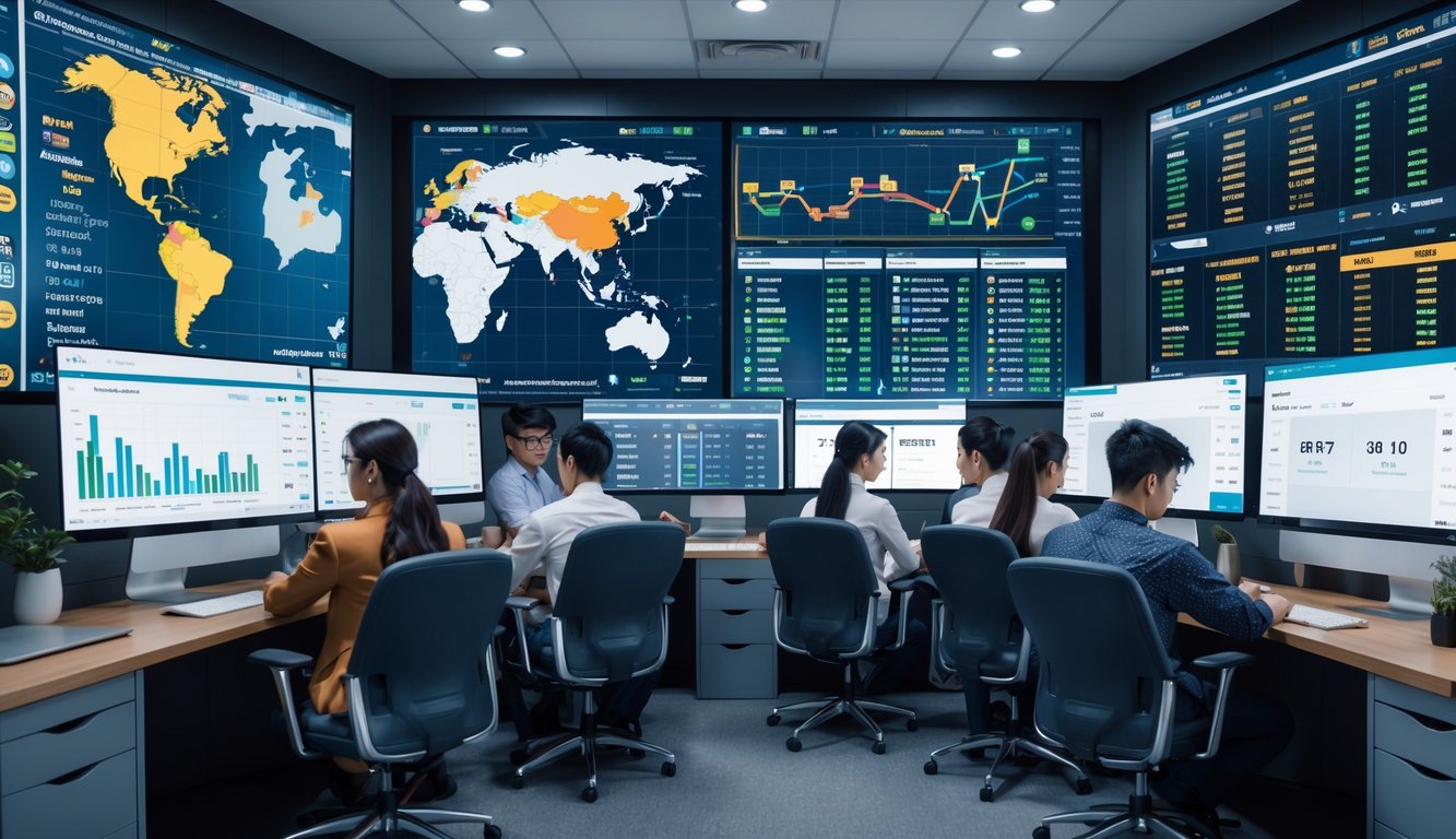 Sekelompok profesional muda sedang menganalisis data taruhan olahraga online dengan grafik dan statistik di layar komputer di sebuah kantor modern.