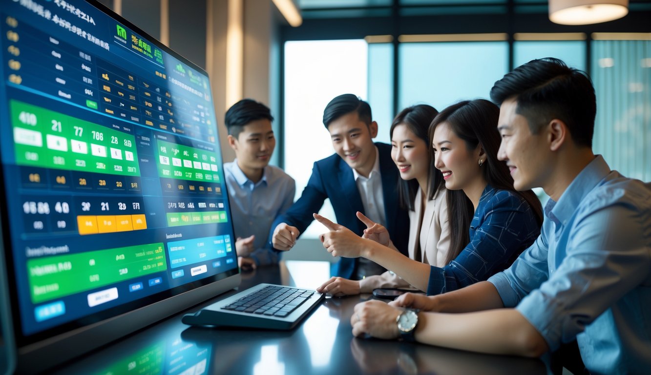 Sekelompok orang muda sedang melihat dan berdiskusi di sekitar meja layar sentuh yang menampilkan data taruhan olahraga online dengan latar kantor modern.