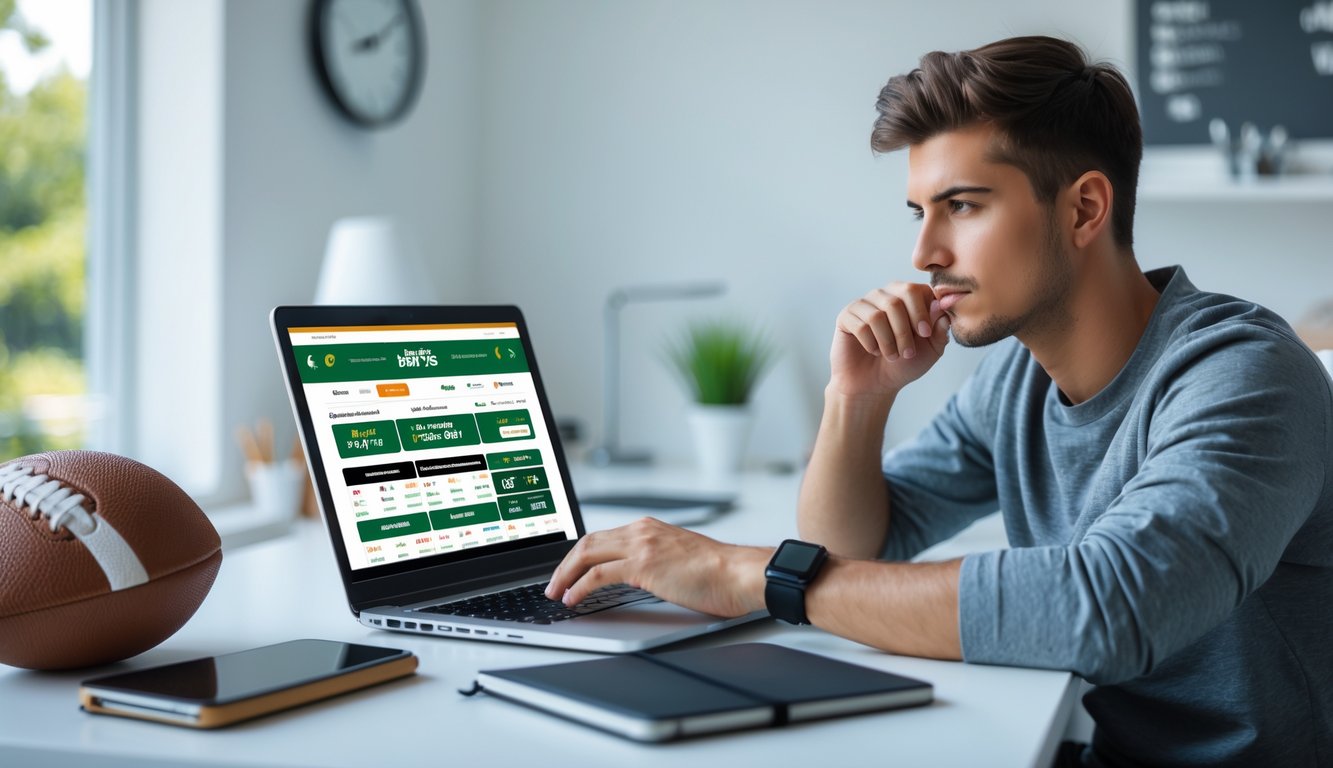 Seorang pria muda duduk di meja dengan laptop, melihat situs taruhan olahraga online di ruang kerja yang terang dan rapi.