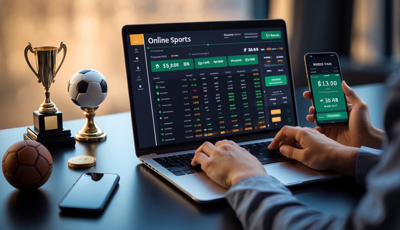 Tangan seseorang menggunakan laptop dengan tampilan taruhan olahraga dan bola sepak di meja.