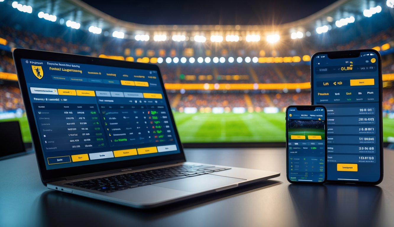 Seorang pria menggunakan laptop dan ponsel untuk memasang taruhan sepak bola online dengan latar belakang stadion sepak bola yang ramai.