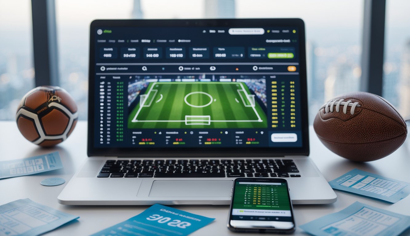 Meja kerja modern dengan laptop yang menampilkan platform taruhan sepak bola online, bola sepak, dan ponsel dengan pembaruan peluang taruhan.
