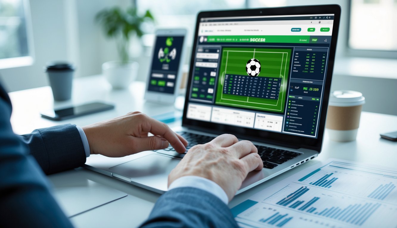 Seseorang menggunakan laptop dengan tampilan situs taruhan bola online dan grafik strategi taruhan di meja kerja.
