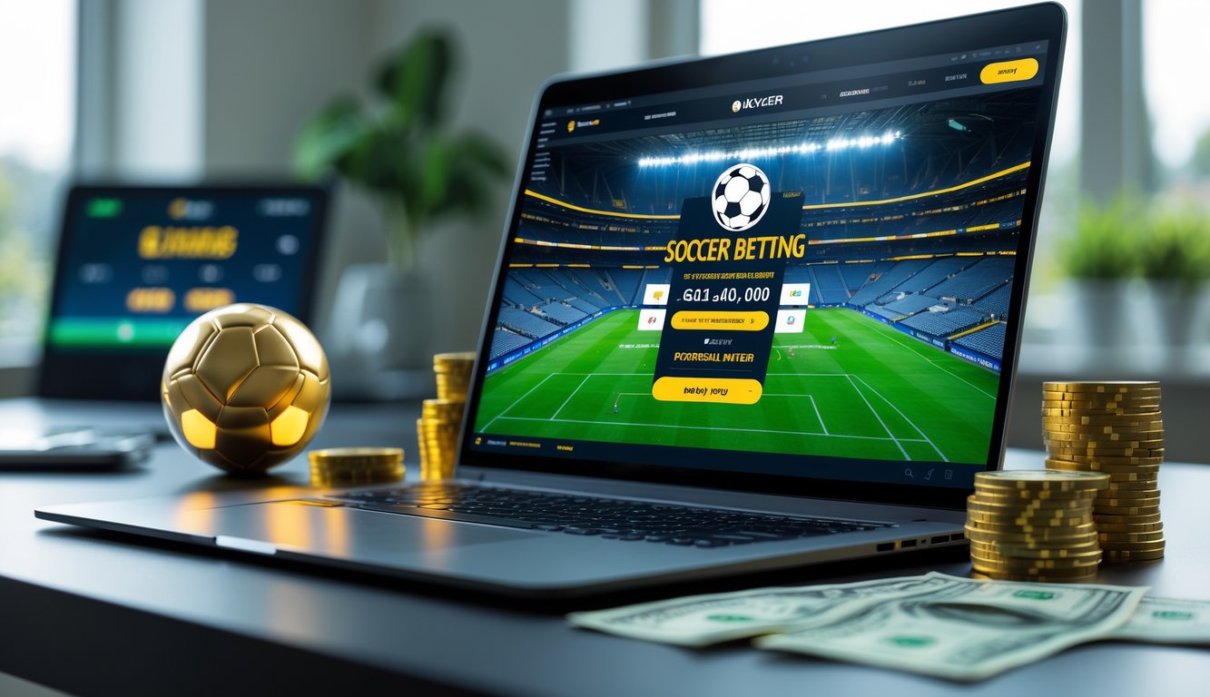 Seorang pengguna sedang melihat layar perangkat dengan tampilan taruhan sepak bola online dan elemen terkait seperti bola sepak berwarna emas dan tumpukan chip di meja.