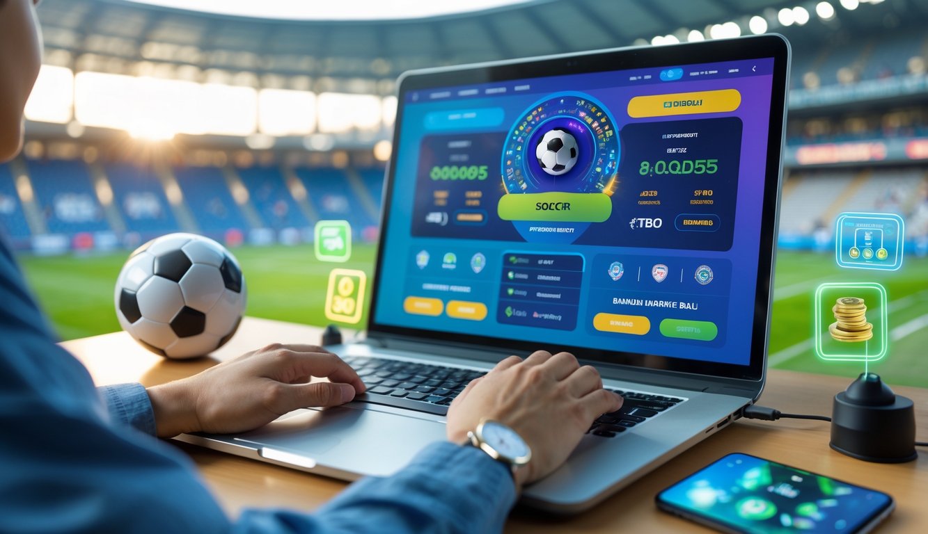 Seorang pengguna sedang menggunakan komputer dengan tampilan antarmuka taruhan bola online, dikelilingi oleh bola sepak dan latar stadion.