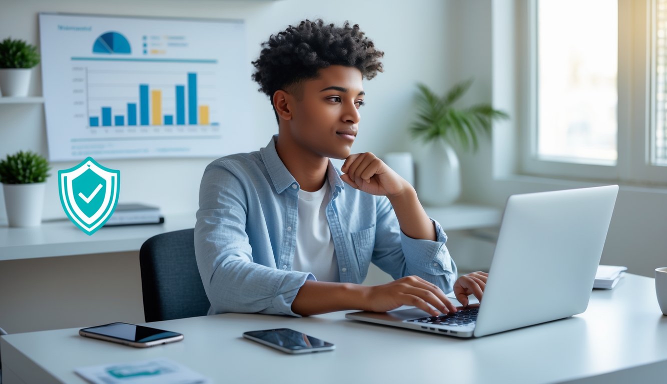 Seorang dewasa muda duduk di meja kerja dengan laptop, melihat layar dengan fokus di ruang kantor rumah yang terang dan rapi.