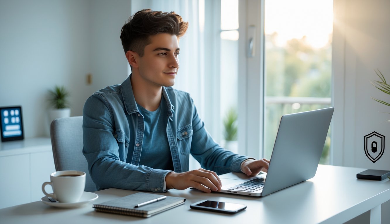 Seseorang duduk di meja dengan laptop di ruang kerja rumah yang terang, tampak fokus dan serius saat menggunakan komputer.