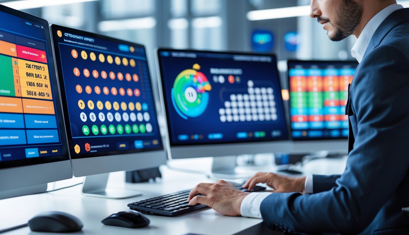 Seorang profesional sedang menggunakan komputer dengan layar yang menampilkan grafik dan angka lotere dalam sebuah ruang kerja modern.