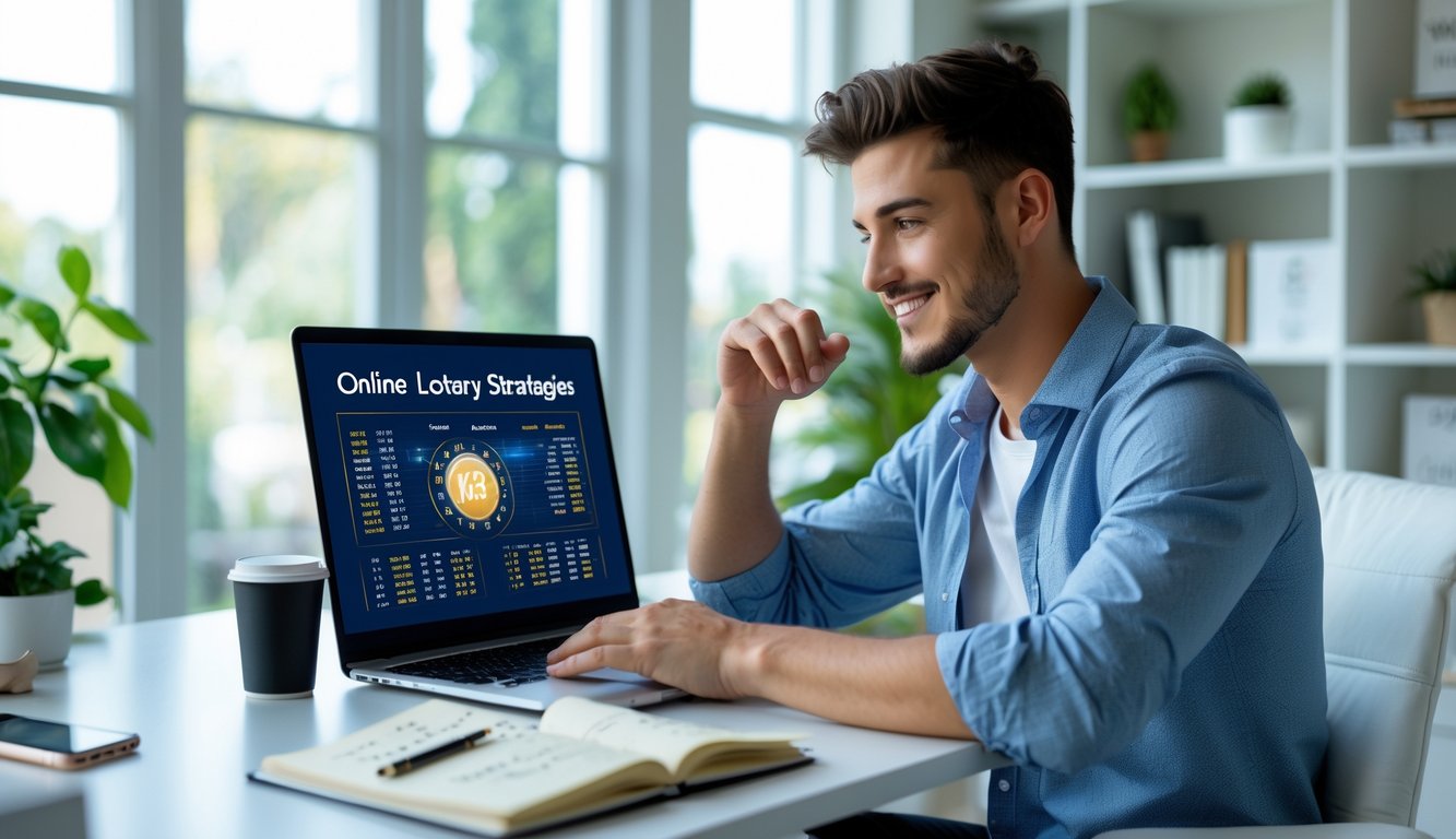 Seorang pria muda duduk di meja kerja dengan laptop, menganalisis data dan strategi bermain togel online di ruangan yang terang dan rapi.