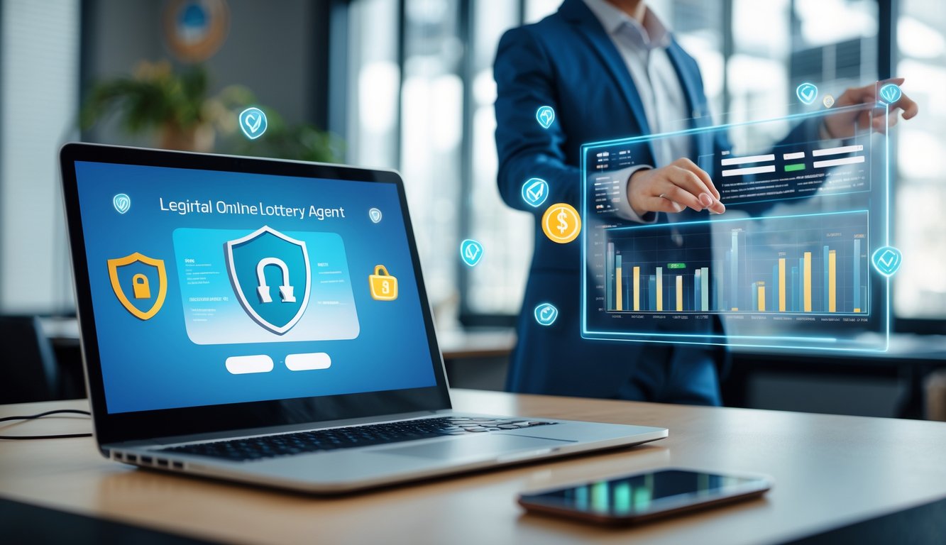 Seorang profesional sedang bekerja dengan laptop dan layar digital yang menampilkan grafik terkait togel online, di meja terdapat simbol keamanan seperti gembok dan tanda centang.