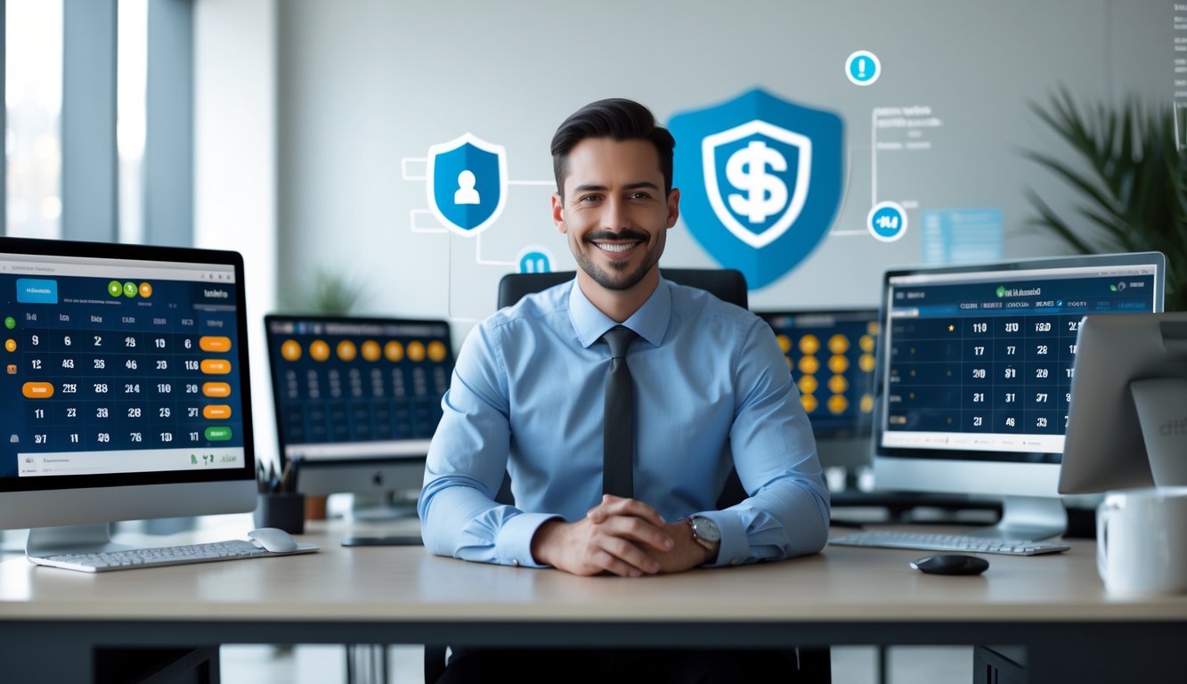 Seorang profesional duduk di meja kerja dengan beberapa layar komputer menampilkan angka togel dan grafik, di ruang kantor modern yang rapi dan terang.