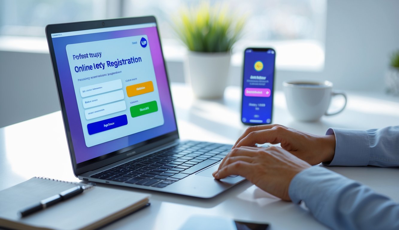 Seorang pria sedang mengetik di laptop di meja kerja dengan ponsel di sampingnya, menunjukkan proses pendaftaran online yang cepat dan mudah.