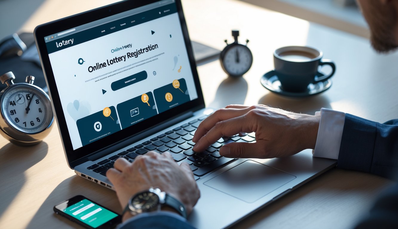 Tangan seseorang sedang mengetik di laptop dengan layar yang menampilkan antarmuka pendaftaran online, di meja terdapat ponsel dan stopwatch.