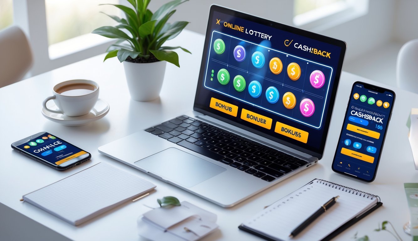 Seorang pekerja menggunakan laptop dan smartphone untuk bermain togel online dengan latar ruang kerja yang rapi dan terang.