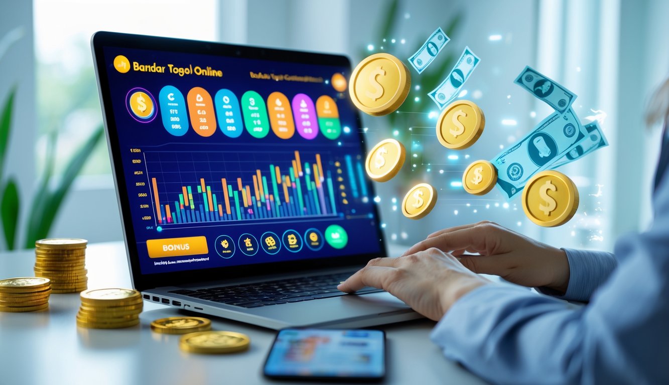Seseorang menggunakan laptop di meja kerja dengan tampilan platform togel online dan simbol koin emas serta cashback di sekitarnya.