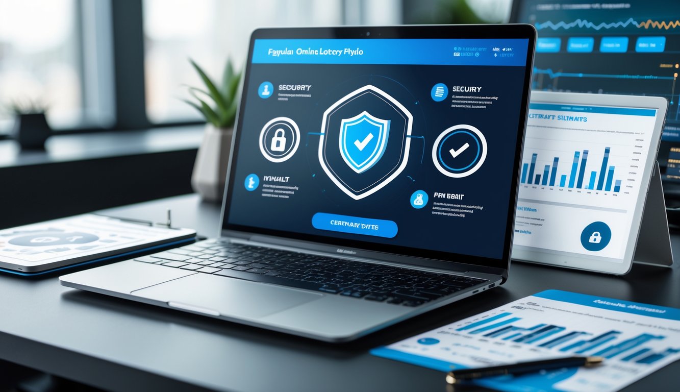 Sebuah meja kerja modern dengan laptop yang menampilkan antarmuka transaksi online yang aman, grafik perbandingan, dan simbol keamanan serta pembayaran digital.