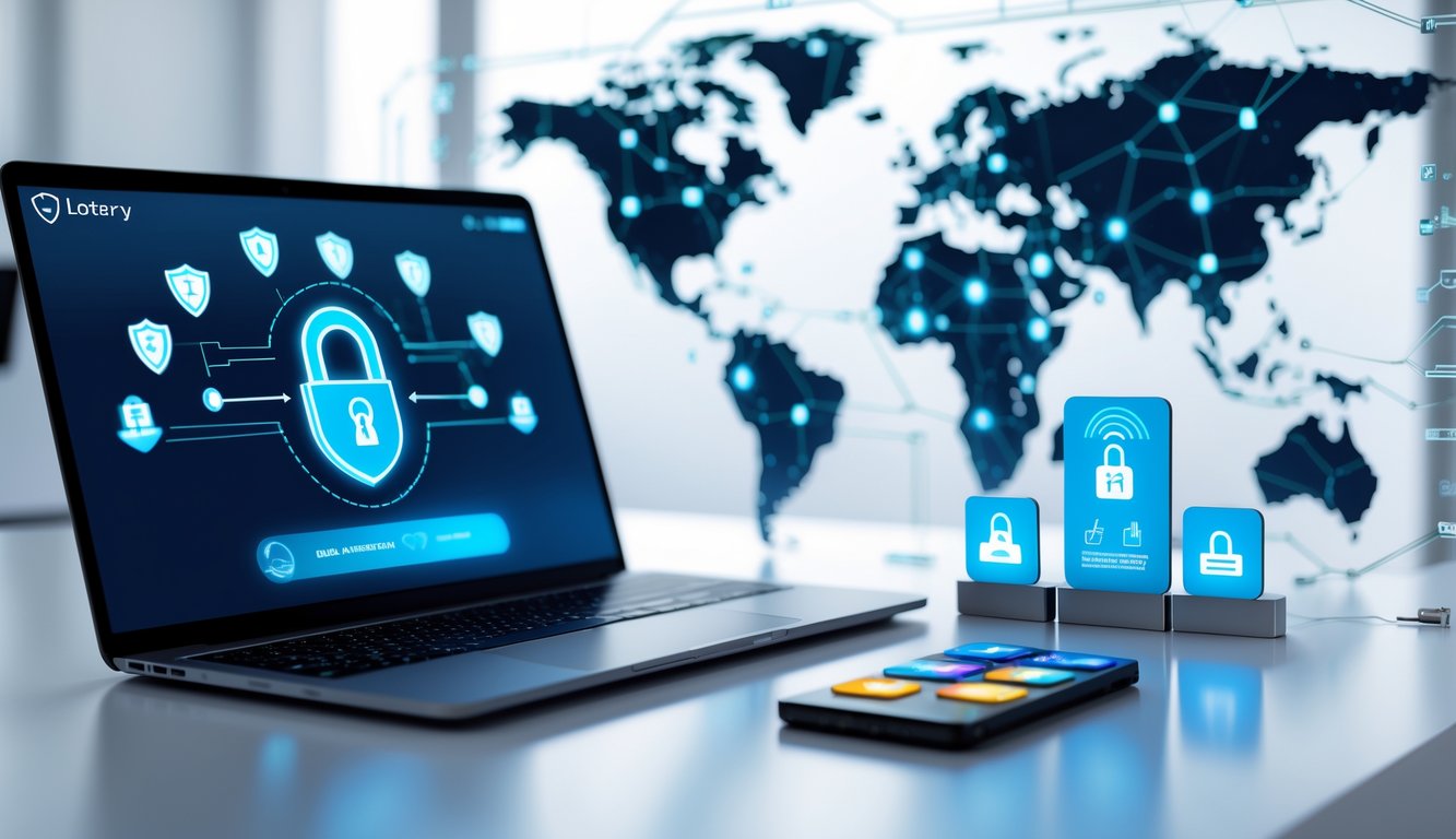 Meja kantor dengan laptop yang menampilkan transaksi online aman dan ikon metode pembayaran digital di sekitarnya.