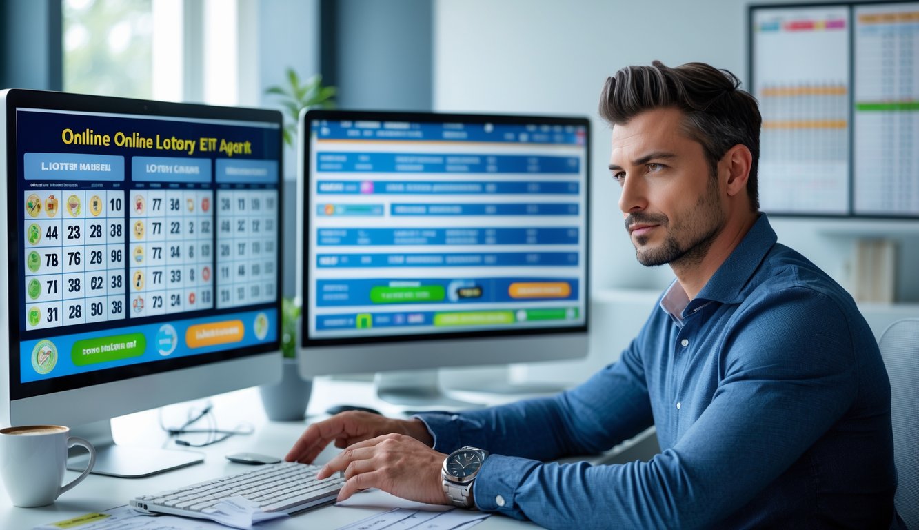 Seorang pria duduk di meja dengan beberapa layar komputer menampilkan angka togel dan antarmuka taruhan online, sedang fokus menganalisis data di ruang kantor yang terang.