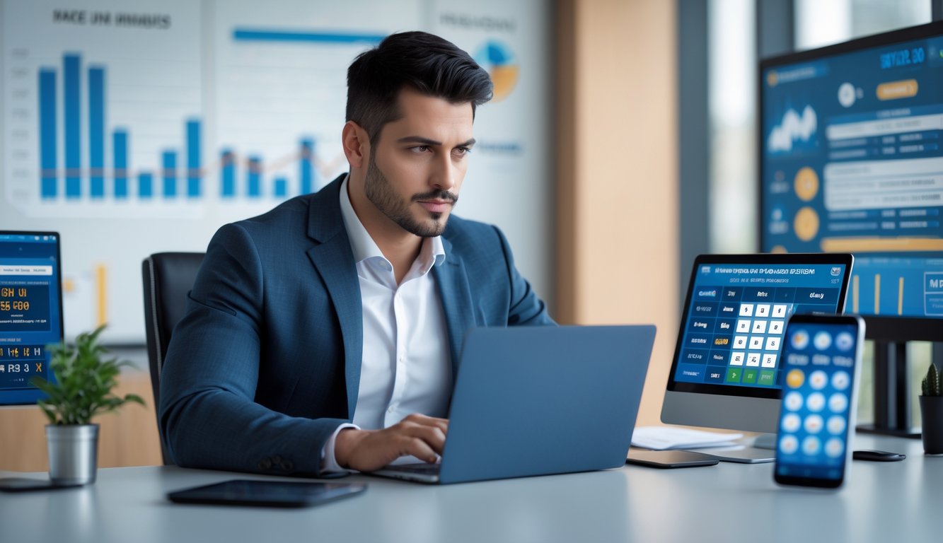 Seorang pria duduk di meja kantor modern sambil melihat layar laptop dan ponsel dengan ekspresi fokus.
