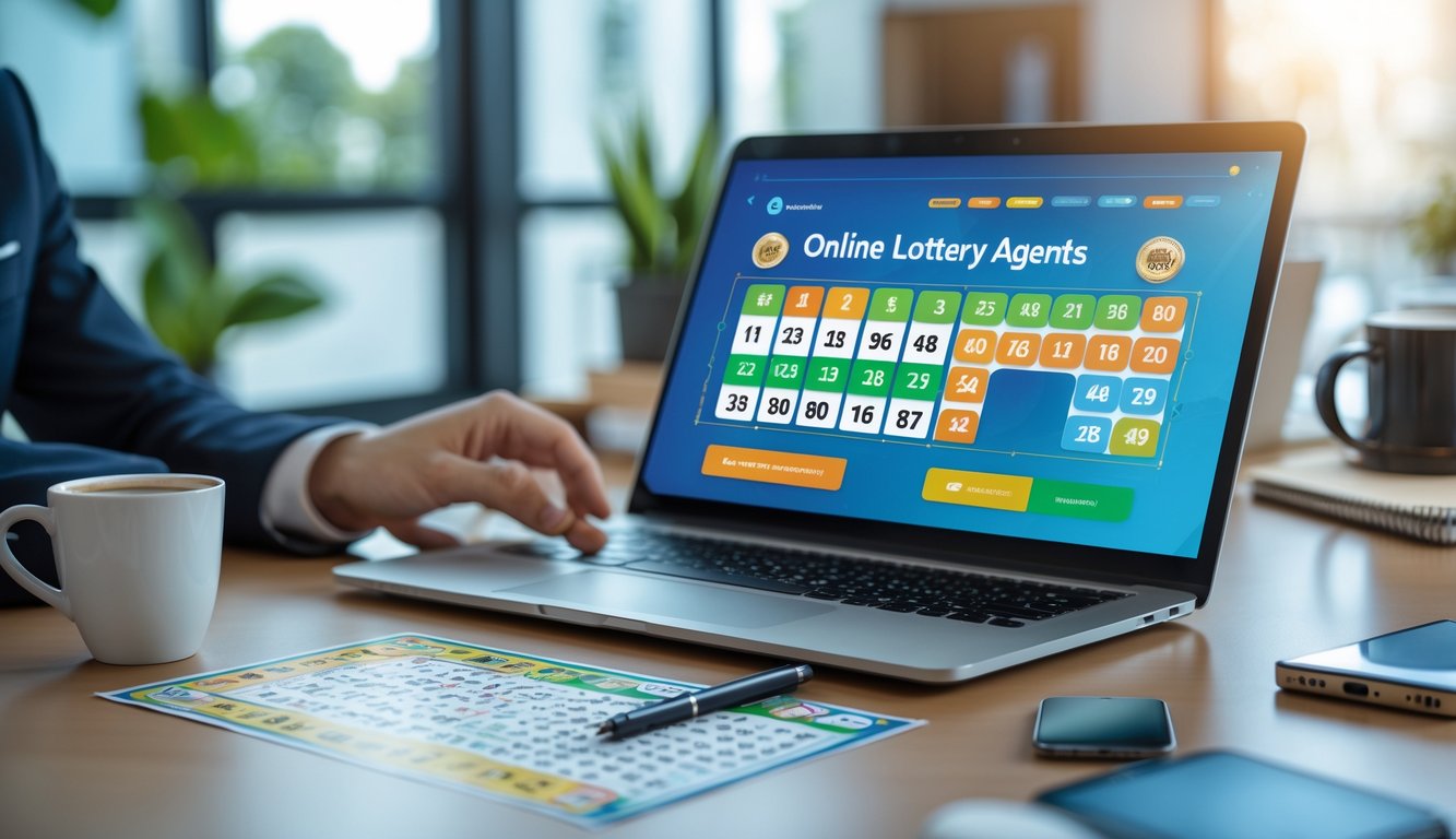 Seorang pria muda menggunakan laptop di meja kerja dengan tiket lotere tradisional dan alat tulis di sampingnya.