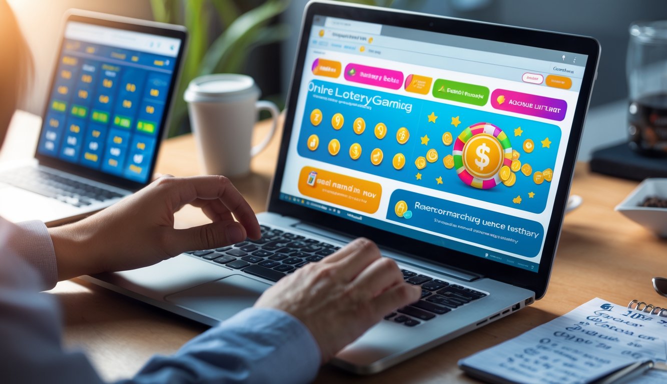 Seorang pengguna sedang bekerja dengan laptop yang menampilkan situs togel online, di meja terdapat kopi, ponsel, dan catatan.