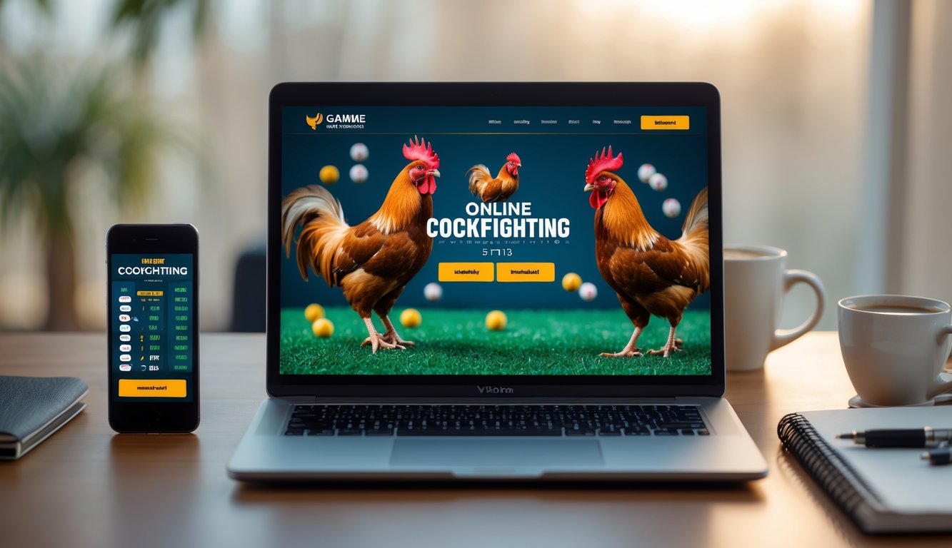 Meja kerja dengan laptop menampilkan situs judi sabung ayam online, smartphone, kopi, dan buku catatan di lingkungan yang rapi dan nyaman.